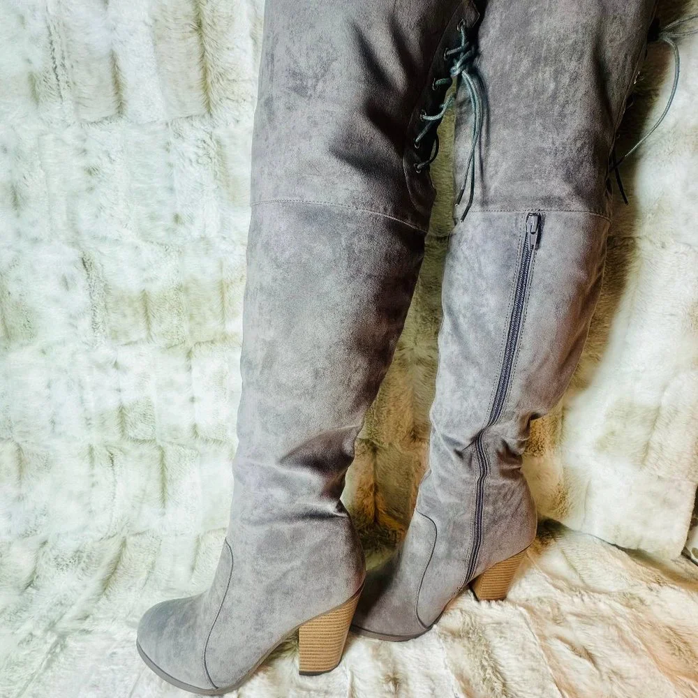 Chase + Chloe Western Style Over The Knee Gray Faux Suede Boots